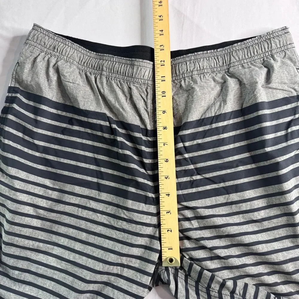 Kirkland Signature Men’s Swim Trunks XL Gray Black Striped Stretch Swim Shorts